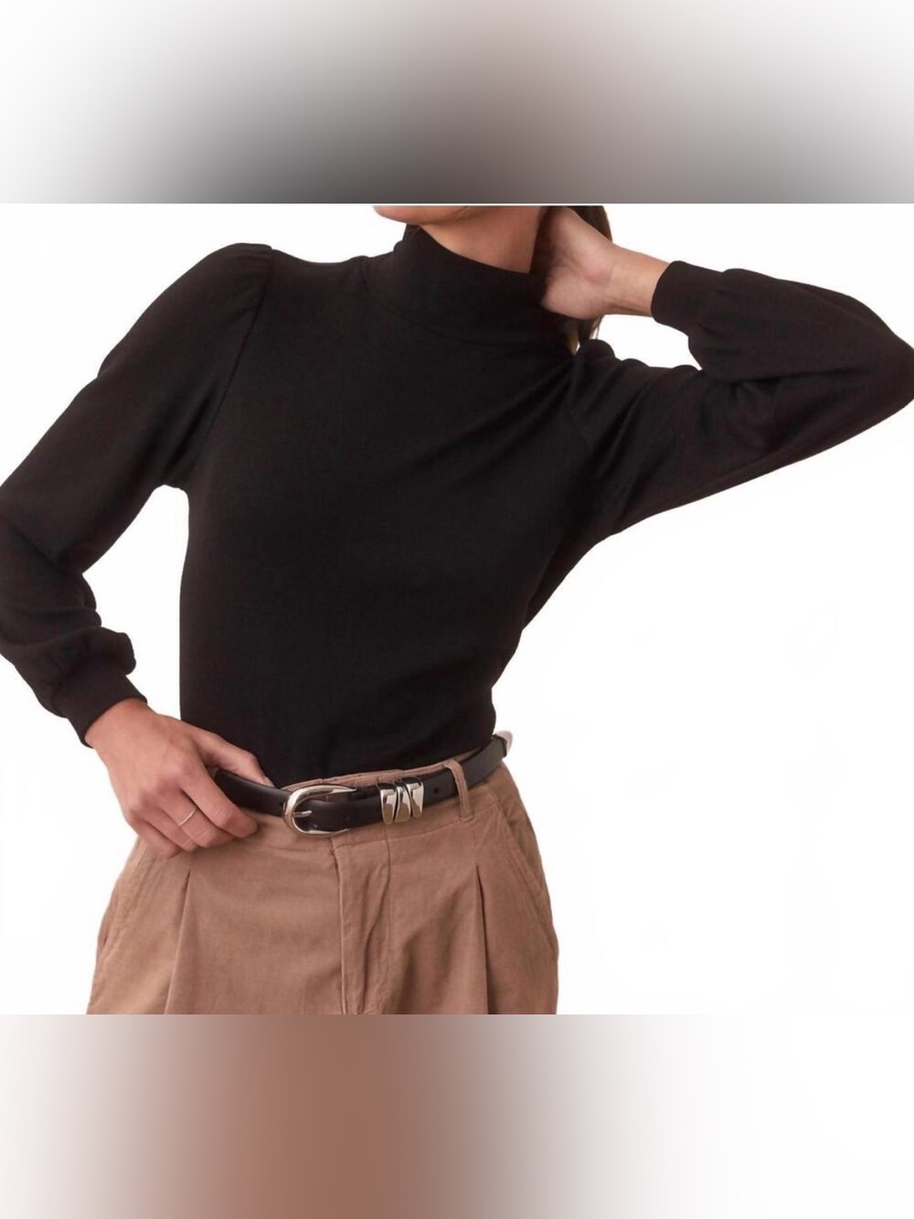 Marine Layer Lexi Ribbed Turtlenecks Neck Top with puff sleeve in black